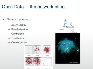 Open Data – the network effect

• Network effects
   – Accessibilitly
   – Popularisation
   – Centreless
   – Timeliness
   – Convergence




                                 Courtesy Mathew Hurst
 
