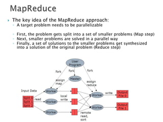    The key idea of the MapReduce approach:
    ◦ A target problem needs to be parallelizable

    ◦ First, the problem gets split into a set of smaller problems (Map step)
    ◦ Next, smaller problems are solved in a parallel way
    ◦ Finally, a set of solutions to the smaller problems get synthesized
      into a solution of the original problem (Reduce step)
 