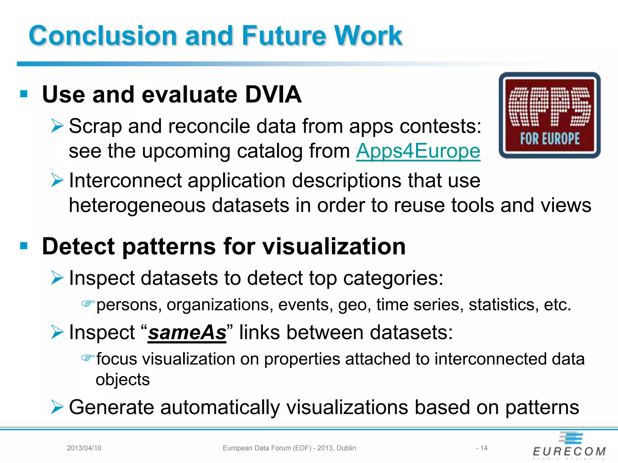 Conclusion and Future Work
 Use and evaluate DVIA
Scrap and reconcile data from apps contests:
see the upcoming catalog from Apps4Europe
Interconnect application descriptions that use
heterogeneous datasets in order to reuse tools and views
 Detect patterns for visualization
Inspect datasets to detect top categories:
persons, organizations, events, geo, time series, statistics, etc.
Inspect “sameAs” links between datasets:
focus visualization on properties attached to interconnected data
objects
Generate automatically visualizations based on patterns
2013/04/10 European Data Forum (EDF) - 2013, Dublin - 14
 