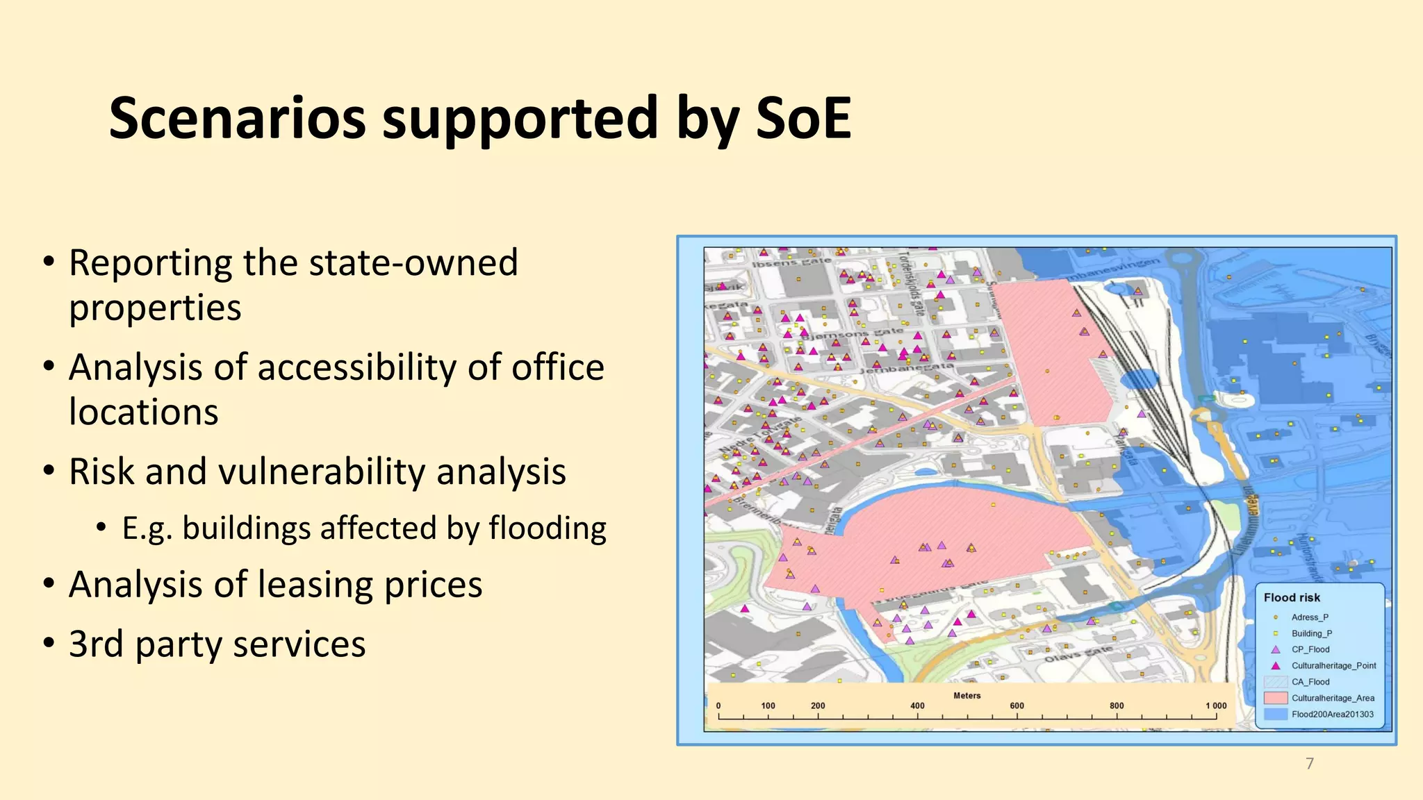 Scenarios supported by SoE
• Reporting the state-owned
properties
• Analysis of accessibility of office
locations
• Risk and vulnerability analysis
• E.g. buildings affected by flooding
• Analysis of leasing prices
• 3rd party services
7
 