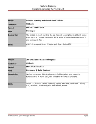 Prabhu Gururaj
Tata Consultancy Services Ltd
Project Account opening Rewrite-Citibank Online
Customer Citibank
Period Dec 2012-Mar-2013
Role Developer
Description The project is about rewrting the old Account opening flow in citibank online
from Struts 1.1 to new framework ASDP which is constructed over Struts 2
and spring web-flow .
Skills ASDP - framework Struts 2,Spring web flow , Spring IOC
Project JFP Citi Alerts –BAU and Projects
Customer Citibank
Period Mar-2013-Jan 2015
Role Developer & Build Engineer
Description Worked on various BAU development ,Build activities ,and reporting
functionalities in maint site ,Jobs and other modules in Citialerts .
Skills Struts 1.1,Struts 2 ,Jasper reporting ,Spring web flow , Hibernate , Spring
IOC,Database , Build using RTC and Jenkins ,Maven .
Prabhu Gururaj –java Developer Resume Page 5
 