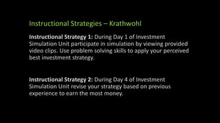 Instructional Strategies – Krathwohl
Instructional Strategy 1: During Day 1 of Investment
Simulation Unit participate in simulation by viewing provided
video clips. Use problem solving skills to apply your perceived
best investment strategy.
Instructional Strategy 2: During Day 4 of Investment
Simulation Unit revise your strategy based on previous
experience to earn the most money.
 