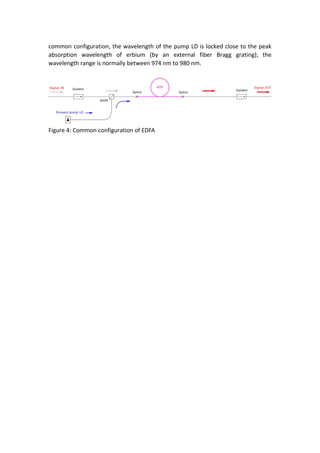 common configuration, the wavelength of the pump LD is locked close to the peak
absorption wavelength of erbium (by an external fiber Bragg grating); the
wavelength range is normally between 974 nm to 980 nm.
Figure 4: Common configuration of EDFA
 