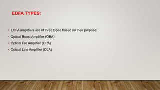 EDFA TYPES:
• EDFA amplifiers are of three types based on their purpose:
• Optical Boost Amplifier (OBA)
• Optical Pre Amplifier (OPA)
• Optical Line Amplifier (OLA)
 