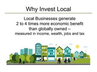 Why Invest Local
Local Businesses generate
2 to 4 times more economic benefit
than globally owned –
measured in income, wealth, jobs and tax
revenue.
 