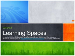 EDFD459

Learning Spaces
By Jessica Fielding, Elli Cowcher, Abbey Parkinson, Brooke Baldwin and Elise Monaghan
Please visit our Wikispace at: http://edfd459group19.wikispaces.com/ for our group collaboration
 