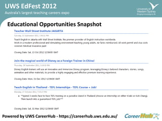 UWS EdFest 2012
 Australa’s largest teaching careers expo


  Educational Opportunities Snapshot




Powered by UWS CareerHub - https://careerhub.uws.edu.au/
 