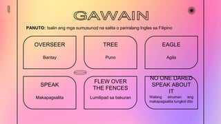 -2022
OVERSEER
Bantay
TREE
Puno
EAGLE
Makapagsalita
FLEW OVER
THE FENCES
Lumilipad sa bakuran
Agila
SPEAK
NO ONE DARED
SPEAK ABOUT
IT
Walang sinuman ang
makapagsalita tungkol dito
PANUTO: Isalin ang mga sumusunod na salita o pariralang Ingles sa Filipino
 