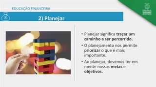 EDUCAÇÃO FINANCEIRA
• Planejar significa traçar um
caminho a ser percorrido.
• O planejamento nos permite
priorizar o que é mais
importante.
• Ao planejar, devemos ter em
mente nossas metas e
objetivos.
2) Planejar
 