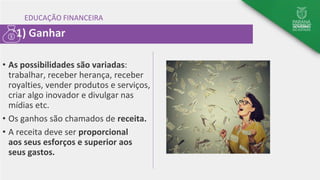 EDUCAÇÃO FINANCEIRA
• As possibilidades são variadas:
trabalhar, receber herança, receber
royalties, vender produtos e serviços,
criar algo inovador e divulgar nas
mídias etc.
• Os ganhos são chamados de receita.
• A receita deve ser proporcional
aos seus esforços e superior aos
seus gastos.
1) Ganhar
 