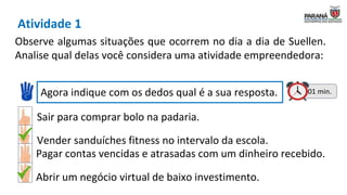 Observe algumas situações que ocorrem no dia a dia de Suellen.
Analise qual delas você considera uma atividade empreendedora:
Pagar contas vencidas e atrasadas com um dinheiro recebido.
Abrir um negócio virtual de baixo investimento.
Sair para comprar bolo na padaria.
Vender sanduíches fitness no intervalo da escola.
Agora indique com os dedos qual é a sua resposta. 01 min.
Atividade 1
 