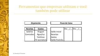 Ferramentas que empresas utilizam e você
também pode utilizar
by Alexandre R. Fernandes
Receitas Gastos Dia __/__ Dia __/__
Salários Aluguel Saldo inicial
Comissões Água/luz Receitas
Telefone Gastos
TV assinatura Saldo final dia
Orçamento Fluxo de Caixa
 