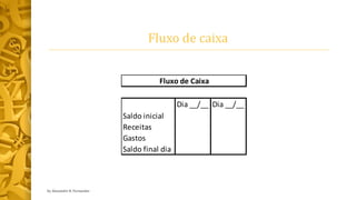 Fluxo de caixa
by Alexandre R. Fernandes
Dia __/__ Dia __/__
Saldo inicial
Receitas
Gastos
Saldo final dia
Fluxo de Caixa
 