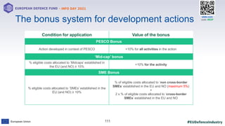 #EUDefenceIndustry
European Union
- INFO DAY 2021
EUROPEAN DEFENCE FUND
111
slido.com
code: #EDF
The bonus system for development actions
Condition for application Value of the bonus
PESCO Bonus
Action developed in context of PESCO +10% for all activities in the action
‘Mid-cap’ bonus
% eligible costs allocated to ‘Midcaps’ established in
the EU (and NO) ≥ 15%
+10% for the activity
SME Bonus
% eligible costs allocated to ‘SMEs’ established in the
EU (and NO) ≥ 10%
% of eligible costs allocated to ‘non cross-border
SMEs’ established in the EU and NO (maximum 5%)
+
2 x % of eligible costs allocated to ‘cross-border
SMEs’ established in the EU and NO
 