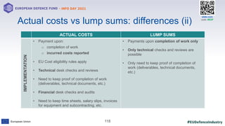 #EUDefenceIndustry
European Union
- INFO DAY 2021
EUROPEAN DEFENCE FUND
118
slido.com
code: #EDF
Actual costs vs lump sums: differences (ii)
ACTUAL COSTS LUMP SUMS
IMPLEMENTATION
• Payment upon:
o completion of work
o incurred costs reported
• EU Cost eligibility rules apply
• Technical desk checks and reviews
• Need to keep proof of completion of work
(deliverables, technical documents, etc.)
• Financial desk checks and audits
• Need to keep time sheets, salary slips, invoices
for equipment and subcontracting, etc.
• Payments upon completion of work only
• Only technical checks and reviews are
possible
• Only need to keep proof of completion of
work (deliverables, technical documents,
etc.)
 