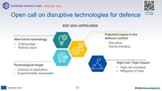 #EUDefenceIndustry
European Union
- INFO DAY 2021
EUROPEAN DEFENCE FUND
32
slido.com
code: #EDF
Open call on disruptive technologies for defence
High-risk / high-impact
• High-risk accepted
• Mitigation of risks
New future technology
• Cutting-edge
• Radical vision
Technological target
• Concept of application
• Experimentally assessable
Potential impact in the
defence context
• Disruptive
• Game-changing
EDF-2021-OPEN-RDIS
 