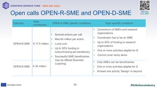#EUDefenceIndustry
European Union
- INFO DAY 2021
EUROPEAN DEFENCE FUND
34
slido.com
code: #EDF
Open calls OPEN-R-SME and OPEN-D-SME
Call topic
Total
contribution
OPEN-X-SME specific conditions Topic specific conditions
OPEN-R-SME € 17,5 million
• Several actions per call
• Max €4 million per action
• Lump sum
• Up to 30% funding in
subcontracting per beneficiary
• Successful SME beneficiaries
may be offered Business
Coaching
• Consortium of SMEs and research
organisations.
• Coordinator has to be an SME.
• Up to 40% of funding to research
organisations
• One or more activities eligible for R
• Cannot cover study alone
OPEN-D-SME € 36 million
• Only SMEs can be beneficiaries
• One or more activities eligible for D
• At least one activity ‘Design’ or beyond
 