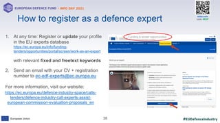 #EUDefenceIndustry
European Union
- INFO DAY 2021
EUROPEAN DEFENCE FUND
38
slido.com
code: #EDF
How to register as a defence expert
1. At any time: Register or update your profile
in the EU experts database
https://ec.europa.eu/info/funding-
tenders/opportunities/portal/screen/work-as-an-expert
with relevant fixed and freetext keywords
2. Send an email with your CV + registration
number to ec-edf-experts@ec.europa.eu
For more information, visit our website:
https://ec.europa.eu/defence-industry-space/calls-
tenders/defence-industry-call-experts-assist-
european-commission-evaluation-proposals_en
 
