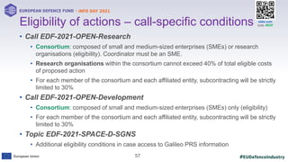 #EUDefenceIndustry
European Union
- INFO DAY 2021
EUROPEAN DEFENCE FUND
57
slido.com
code: #EDF
• Call EDF-2021-OPEN-Research
• Consortium: composed of small and medium-sized enterprises (SMEs) or research
organisations (eligibility). Coordinator must be an SME.
• Research organisations within the consortium cannot exceed 40% of total eligible costs
of proposed action
• For each member of the consortium and each affiliated entity, subcontracting will be strictly
limited to 30%
• Call EDF-2021-OPEN-Development
• Consortium: composed of small and medium-sized enterprises (SMEs) only (eligibility)
• For each member of the consortium and each affiliated entity, subcontracting will be strictly
limited to 30%
• Topic EDF-2021-SPACE-D-SGNS
• Additional eligibility conditions in case access to Galileo PRS information
Eligibility of actions – call-specific conditions
 
