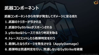 武器コンポーネント
武器コンポーネントから攻撃が発生してダメージに至る流れ
１.武器のトリガーが引かれる
２.武器からyStrikeがスポーンされる
３.yStrikeはトレースで当たり判定を取る
４.トレースにヒットしたら着弾判定を行う
５.着弾したならダメージを発生させる（ApplyDamage）
６.着弾時は貫通判定を行い、貫通しないならyStrikeを破棄
©2019 YUKE'S ©2019 D3 PUBLISHER
 