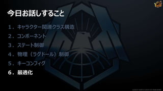 今日お話しすること
１．キャラクター関連クラス構造
２．コンポーネント
３．ステート制御
４．物理（ラグドール）制御
５．キーコンフィグ
６．最適化
©2019 YUKE'S ©2019 D3 PUBLISHER
 