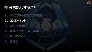 今日お話しすること
１．キャラクター関連クラス構造
２．コンポーネント
３．ステート制御
４．物理（ラグドール）制御
５．キーコンフィグ
６．最適化
©2019 YUKE'S ©2019 D3 PUBLISHER
 