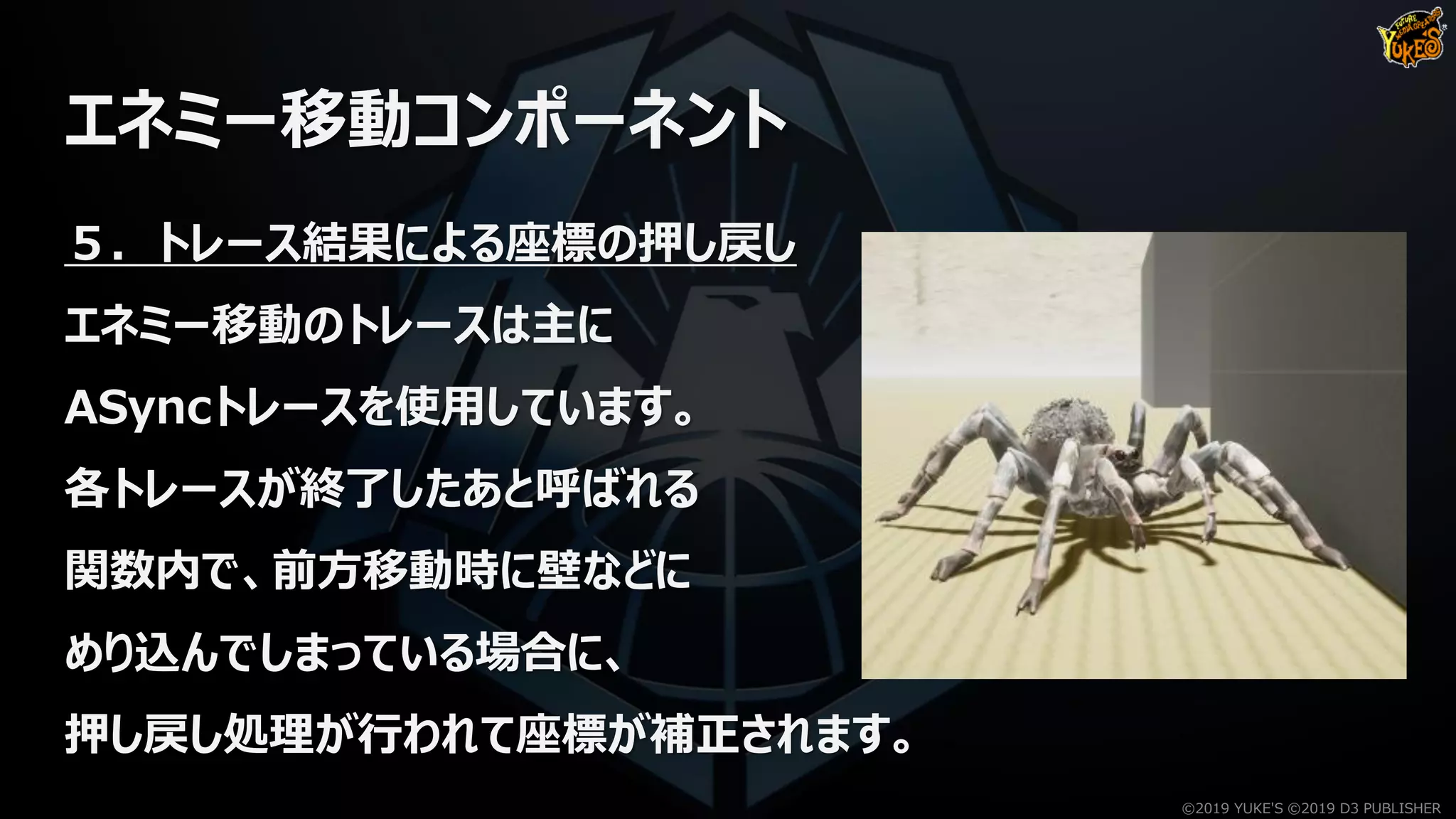 エネミー移動コンポーネント
５．トレース結果による座標の押し戻し
エネミー移動のトレースは主に
ASyncトレースを使用しています。
各トレースが終了したあと呼ばれる
関数内で、前方移動時に壁などに
めり込んでしまっている場合に、
押し戻し処理が行われて座標が補正されます。
©2019 YUKE'S ©2019 D3 PUBLISHER
 