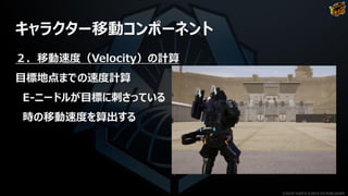 キャラクター移動コンポーネント
２．移動速度（Velocity）の計算
目標地点までの速度計算
E-ニードルが目標に刺さっている
時の移動速度を算出する
©2019 YUKE'S ©2019 D3 PUBLISHER
 