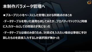 本制作パラメータ管理へ
■ブループリントをベースにした管理における問題点のまとめ
・データテーブルを用いた運用も試してみたが、プロパティマトリクスと同様
に入力ツールとしての貧弱さが気になった
・データテーブルは値のみ扱うため、計算式を入れたい場合は事前に手計
算したものを直接入力するしか選択肢が無かった
©2019 YUKE'S ©2019 D3 PUBLISHER
 