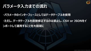 パラメータ入力までの流れ
・パラメータのインターフェースとしてはデータテーブルを使用
・ただし、データテーブルを直接修正するのは禁止し、CSV or JSONをイ
ンポートして運用することを大前提に
©2019 YUKE'S ©2019 D3 PUBLISHER
 