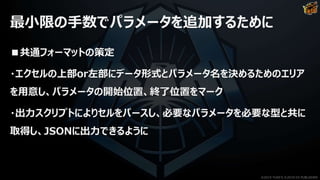 最小限の手数でパラメータを追加するために
■共通フォーマットの策定
・エクセルの上部or左部にデータ形式とパラメータ名を決めるためのエリア
を用意し、パラメータの開始位置、終了位置をマーク
・出力スクリプトによりセルをパースし、必要なパラメータを必要な型と共に
取得し、JSONに出力できるように
©2019 YUKE'S ©2019 D3 PUBLISHER
 