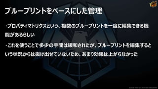ブループリントをベースにした管理
・プロパティマトリクスという、複数のブループリントを一度に編集できる機
能があるらしい
・これを使うことで多少の手間は緩和されたが、ブループリントを編集すると
いう状況からは抜け出せていないため、あまり効果は上がらなかった
©2019 YUKE'S ©2019 D3 PUBLISHER
 