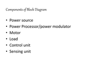 Components of Block Diagram
• Power source
• Power Processor/power modulator
• Motor
• Load
• Control unit
• Sensing unit
 