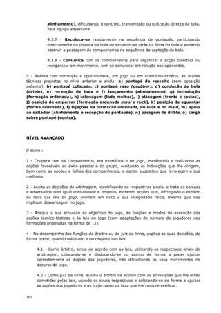 103
alinhamento), dificultando o controlo, transmissão ou utilização directa da bola,
pela equipa adversária.
4.3.7 - Recoloca-se rapidamente na sequência de pontapés, participando
directamente na disputa da bola ou situando-se atrás da linha da bola e evitando
obstruir a passagem de companheiros na sequência da captação da bola.
4.3.8 - Comunica com os companheiros para organizar a acção colectiva ou
reorganizar em movimento, sem se denunciar em relação aos oponentes.
5 - Realiza com correcção e oportunidade, em jogo ou em exercícios-critério, as acções
técnicas previstas no nível anterior e ainda: a) pontapé de ressalto (sem oposição
próxima), b) pontapé colocado, c) pontapé raso (grubber), d) condução de bola
(drible), e) recepção de bola e f) lançamento (alinhamento), g) introdução
(formação ordenada), h) talonagem (lado melhor), i) placagem (frente e costas),
j) posição de empurrar (formação ordenada maul e ruck), k) posição de aguentar
(forma ordenada), l) ligações na formação ordenada, no ruck e no maul, m) apoio
ao saltador (alinhamento e recepção de pontapés), n) paragem de drible, o) carga
sobre pontapé (contra).
NÍVEL AVANÇADO
0 aluno :
1 - Coopera com os companheiros, em exercícios e no jogo, escolhendo e realizando as
acções favoráveis ao êxito pessoal e do grupo, aceitando as indicações que lhe dirigem,
bem como as opções e falhas dos companheiros, e dando sugestões que favoreçam a sua
melhoria.
2 - Aceita as decisões da arbitragem, identificando os respectivos sinais, e trata os colegas
e adversários com igual cordialidade e respeito, evitando acções que, infringindo o espírito
ou letra das leis do jogo, ponham em risco a sua integridade física, mesmo que isso
implique desvantagem no jogo.
3 - Adequa a sua actuação ao objectivo do jogo, às funções e modos de execução das
acções técnico-tácticas e às leis do jogo (com adaptações de número de jogadores nas
formações ordenadas na forma de 12).
4 - No desempenho das funções de árbitro ou de juiz de linha, explica as suas decisões, de
forma breve, quando solicitado e no respeito das leis:
4.1 - Como árbitro, actua de acordo com as leis, utilizando os respectivos sinais de
arbitragem, colocando-se e deslocando-se no campo de forma a poder ajuizar
correctamente as acções dos jogadores, não dificultando os seus movimentos no
decurso do jogo.
4.2 - Como juiz de linha, auxilia o árbitro de acordo com as atribuições que lhe estão
cometidas pelas leis, usando os sinais respectivos e colocando-se de forma a ajuizar
as acções dos jogadores e as trajectórias da bola que lhe cumpre verificar.
 
