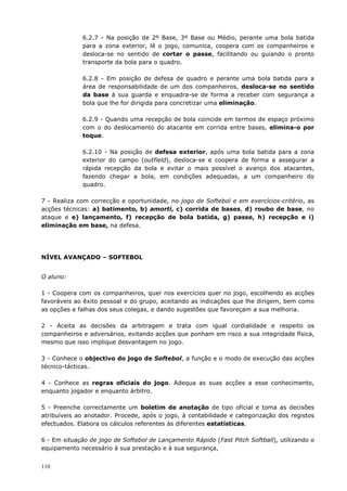 110
6.2.7 - Na posição de 2º Base, 3º Base ou Médio, perante uma bola batida
para a zona exterior, lê o jogo, comunica, coopera com os companheiros e
desloca-se no sentido de cortar o passe, facilitando ou guiando o pronto
transporte da bola para o quadro.
6.2.8 - Em posição de defesa de quadro e perante uma bola batida para a
área de responsabilidade de um dos companheiros, desloca-se no sentido
da base à sua guarda e enquadra-se de forma a receber com segurança a
bola que lhe for dirigida para concretizar uma eliminação.
6.2.9 - Quando uma recepção de bola coincide em termos de espaço próximo
com o do deslocamento do atacante em corrida entre bases, elimina-o por
toque.
6.2.10 - Na posição de defesa exterior, após uma bola batida para a zona
exterior do campo (outfield), desloca-se e coopera de forma a assegurar a
rápida recepção da bola e evitar o mais possível o avanço dos atacantes,
fazendo chegar a bola, em condições adequadas, a um companheiro do
quadro.
7 - Realiza com correcção e oportunidade, no jogo de Softebol e em exercícios-critério, as
acções técnicas: a) batimento, b) amorti, c) corrida de bases, d) roubo de base, no
ataque e e) lançamento, f) recepção de bola batida, g) passe, h) recepção e i)
eliminação em base, na defesa.
NÍVEL AVANÇADO – SOFTEBOL
O aluno:
1 - Coopera com os companheiros, quer nos exercícios quer no jogo, escolhendo as acções
favoráveis ao êxito pessoal e do grupo, aceitando as indicações que lhe dirigem, bem como
as opções e falhas dos seus colegas, e dando sugestões que favoreçam a sua melhoria.
2 - Aceita as decisões da arbitragem e trata com igual cordialidade e respeito os
companheiros e adversários, evitando acções que ponham em risco a sua integridade física,
mesmo que isso implique desvantagem no jogo.
3 - Conhece o objectivo do jogo de Softebol, a função e o modo de execução das acções
técnico-tácticas.
4 - Conhece as regras oficiais do jogo. Adequa as suas acções a esse conhecimento,
enquanto jogador e enquanto árbitro.
5 - Preenche correctamente um boletim de anotação de tipo oficial e toma as decisões
atribuíveis ao anotador. Procede, após o jogo, à contabilidade e categorização dos registos
efectuados. Elabora os cálculos referentes às diferentes estatísticas.
6 - Em situação de jogo de Softebol de Lançamento Rápido (Fast Pitch Softball), utilizando o
equipamento necessário à sua prestação e à sua segurança,
 