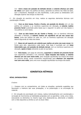 123
3.6 - Com o base em posição de deitado dorsal, o volante efectua um salto
de mãos (com apoio nos joelhos do base), apoiando os ombros nas mãos do base,
que o impulsiona. Recepção ao solo equilibrada, a pés juntos ou destacados com
elevação superior dos braços na fase final.
4 - Em situação de exercício em trios, realiza os seguintes elementos técnicos com
coordenação e fluidez:
4.1 - Com os dois bases, frente a frente, em posição de afundo com um dos
joelhos em contacto e os membros superiores em elevação, o volante realiza
prancha facial sustentado pelos bases que o seguram no peito (um dos bases) e
nos joelhos (o outro base).
4.2 - Com os dois bases em pé, frente a frente, com os membros inferiores
afastados e flectidos, o volante realiza um equilíbrio em pé nas coxas dos
bases, junto aos joelhos de cada um, com os membros superiores em elevação
lateral segurando as mãos dos bases.
4.3 - Base em pé suporta um volante que realiza um pino nas suas coxas (de
frente para ele), segurando-o pela bacia. Este base é auxiliado por um base
intermédio que, em posição de deitado dorsal, com os membros superiores em
elevação, apoia o base colocando os pés na sua bacia.
4.4 - Dois bases, com pega de cotovelos, suportam o volante em prancha facial
com segmentos alinhados e em extensão. Após impulso dos bases, o volante
efectua um voo com meia-volta, para recepção equilibrada nos braços dos bases
em prancha dorsal, sendo novamente impulsionado para efectuar um segundo
voo com uma volta, para uma nova recepção equilibrada nos braços dos bases.
GINÁSTICA RÍTMICA
NÍVEL INTRODUTÓRIO
O aluno:
1 - Coopera com os companheiros, em todas as situações, aceitando sugestões que
favoreçam a melhoria das suas prestações, e na preservação e na arrumação do
material.
2 - Em situação de exercitação com música, realiza individualmente com coordenação e
correcção de movimentos as habilidades propostas com os aparelhos: corda, arco e bola,
executando os elementos no mesmo lugar e/ou deslocando-se, alternando o trabalho
com a mão esquerda ou direita ou com as duas mãos:
 