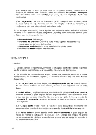 126
2.8 - Rola o arco no solo, em linha recta ou curva (em redondo), coordenando a
recepção do aparelho com exercícios como por exemplo: rolamentos, passagem
por apoio sobre uma ou duas mãos, espargata, etc., com amplitude e fluidez dos
movimentos.
2.9 - Lança o arco com uma ou duas mãos, para o fazer girar sobre si mesmo (uma
ou duas voltas no ar), definindo um eixo de rotação, vertical ou horizontal, e
recebendo-o com uma mão, evitando que caia no chão.
3 - Em situação de concurso, realiza a pares uma sequência de oito elementos com um
aparelho à sua escolha e música obrigatória (imposta), com pontuação definida pelo
professor e as seguintes exigências:
- simultaneidade de execução;
- uma troca de aparelhos (ficando o aluno no seu lugar ou deslocando-se);
- duas mudanças de frente de trabalho;
- mudança da posição relativa entre os dois elementos do grupo;
- respeitando o ritmo imposto (pela música).
NÍVEL AVANÇADO
0 aluno:
1 - Coopera com os companheiros, em todas as situações, aceitando e dando sugestões
que favoreçam a sua melhoria, na preservação e na arrumação do material.
2 - Em situação de exercitação com música, realiza com correcção, amplitude e fluidez
de movimentos as habilidades propostas, coordenando a técnica corporal com a técnica
do aparelho:
2.1 - Lança a corda, no plano sagital, com recepção pelas pontas, o que é seguido
de uma série de saltitares em deslocamento, finalizando esta sequência com um salto
duplo.
2.2 - Gira a corda, no plano horizontal, coordenando os giros com saltos de tesoura
por cima da corda, o que é seguido de salto engrupado com a corda dobrada ao meio
e agarrada com as duas mãos. Descida para uma espargata de frente, seguida de
rolamento à retaguarda, passando as pernas por dentro dos braços, mantendo a
corda agarrada.
2.3 - Lança a corda aberta e recebe-a pelo meio, o que é seguido de movimento com
as pontas soltas (moinhos), terminando numa posição de equilíbrio sobre um pé.
2.4 - Rola a bola nos braços de mão a mão, em deslocamento, o que é seguido de
flexão do tronco à retaguarda coordenado com balanço dos braços no plano
horizontal, passando a bola de uma mão para a outra, com os braços em extensão e
no prolongamento do corpo.
 