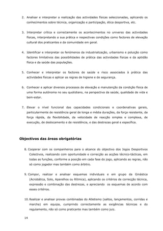 14
2. Analisar e interpretar a realização das actividades físicas seleccionadas, aplicando os
conhecimentos sobre técnica, organização e participação, ética desportiva, etc.
3. Interpretar crítica e correctamente os acontecimentos no universo das actividades
físicas, interpretando a sua prática e respectivas condições como factores de elevação
cultural dos praticantes e da comunidade em geral.
4. Identificar e interpretar os fenómenos da industrialização, urbanismo e poluição como
factores limitativos das possibilidades de prática das actividades físicas e da aptidão
física e da saúde das populações.
5. Conhecer e interpretar os factores de saúde e risco associados à prática das
actividades físicas e aplicar as regras de higiene e de segurança.
6. Conhecer e aplicar diversos processos de elevação e manutenção da condição física de
uma forma autónoma no seu quotidiano, na perspectiva da saúde, qualidade de vida e
bem-estar.
7. Elevar o nível funcional das capacidades condicionais e coordenativas gerais,
particularmente de resistência geral de longa e média durações, da força resistente, da
força rápida, da flexibilidade, da velocidade de reacção simples e complexa, de
execução, de deslocamento e de resistência, e das destrezas geral e específica.
Objectivos das áreas obrigatórias
8. Cooperar com os companheiros para o alcance do objectivo dos Jogos Desportivos
Colectivos, realizando com oportunidade e correcção as acções técnico-tácticas, em
todas as funções, conforme a posição em cada fase do jogo, aplicando as regras, não
só como jogador mas também como árbitro.
9. Compor, realizar e analisar esquemas individuais e em grupo da Ginástica
(Acrobática, Solo, Aparelhos ou Rítmica), aplicando os critérios de correcção técnica,
expressão e combinação das destrezas, e apreciando os esquemas de acordo com
esses critérios.
10. Realizar e analisar provas combinadas do Atletismo (saltos, lançamentos, corridas e
marcha) em equipa, cumprindo correctamente as exigências técnicas e do
regulamento, não só como praticante mas também como juiz.
 