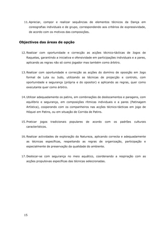 15
11. Apreciar, compor e realizar sequências de elementos técnicos da Dança em
coreografias individuais e de grupo, correspondendo aos critérios de expressividade,
de acordo com os motivos das composições.
Objectivos das áreas de opção
12. Realizar com oportunidade e correcção as acções técnico-tácticas de Jogos de
Raquetas, garantindo a iniciativa e ofensividade em participações individuais e a pares,
aplicando as regras não só como jogador mas também como árbitro.
13. Realizar com oportunidade e correcção as acções do domínio de oposição em Jogo
formal de Luta ou Judo, utilizando as técnicas de projecção e controlo, com
oportunidade e segurança (própria e do opositor) e aplicando as regras, quer como
executante quer como árbitro.
14. Utilizar adequadamente os patins, em combinações de deslocamentos e paragens, com
equilíbrio e segurança, em composições rítmicas individuais e a pares (Patinagem
Artística), cooperando com os companheiros nas acções técnico-tácticas em jogo de
Hóquei em Patins, ou em situação de Corrida de Patins.
15. Praticar jogos tradicionais populares de acordo com os padrões culturais
característicos.
16. Realizar actividades de exploração da Natureza, aplicando correcta e adequadamente
as técnicas específicas, respeitando as regras de organização, participação e
especialmente de preservação da qualidade do ambiente.
17. Deslocar-se com segurança no meio aquático, coordenando a respiração com as
acções propulsivas específicas das técnicas seleccionadas.
 