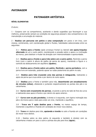 147
PATINAGEM
PATINAGEM ARTÍSTICA
NÍVEL ELEMENTAR
O aluno:
1 - Coopera com os companheiros, aceitando e dando sugestões que favoreçam a sua
melhoria, preservando sempre as condições de segurança pessoal e dos companheiros e de
manutenção e arrumação do material.
2 - Realiza um percurso em patins e uma composição em pares e em trios, com
música, combinando, com coordenação global e fluidez, habilidades seleccionadas entre as
seguintes:
2.1 - Patina para a frente (após arranque frontal ou lateral) em apoio/impulso
alternado de um e outro patim, coordenando a pressão sobre o apoio e a inclinação
do tronco, para deslizar e mudar de direcção com intencionalidade e oportunidade.
2.2 - Desliza para a frente e para trás sobre um e outro patim, flectindo a perna
livre (com o patim à altura do joelho da perna de apoio), mantendo a figura e o
controlo do deslocamento em equilíbrio (Quatro).
2.3 - Desliza para a frente sobre um patim, flectindo a perna portadora, com a
perna livre em extensão, podendo apoiar as rodas posteriores do patim no solo.
2.4 - Desliza para trás cruzando uma das pernas à retaguarda, realizando o
apoio da perna que cruza atrás e por dentro do outro apoio.
2.5 - Desliza para a frente e também para trás, desenhando um encadeamento
de círculos (oitos), afastando e juntando respectivamente as pontas dos pés e os
calcanhares.
2.6 - Curva com cruzamento de pernas, cruzando a perna do lado de fora da curva
e realizando esse apoio à frente e por dentro do apoio anterior.
2.7 - Curva com os pés paralelos, à direita e à esquerda, com ligeira inclinação dos
pés e do tronco para o lado para onde vai virar, mantendo o equilíbrio.
2.8 - Trava em T após deslize para a frente, no menor espaço de tempo,
mantendo o equilíbrio e ficando em condições de iniciar novo deslize.
2.9 - Trava em deslize para trás, apoiando o travão no solo e ficando em condições
de iniciar novo deslize.
2.10 - Desliza sobre os dois patins (à esquerda e também à direita) com os
calcanhares virados um para o outro e pontas dos pés para fora (águia).
 