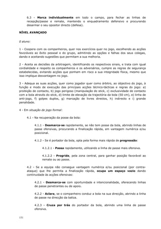 151
6.3 - Marca individualmente em todo o campo, para fechar as linhas de
recepção/passe e remate, mantendo o enquadramento defensivo e procurando
desarmar o seu opositor directo (defesa).
NÍVEL AVANÇADO
0 aluno:
1 - Coopera com os companheiros, quer nos exercícios quer no jogo, escolhendo as acções
favoráveis ao êxito pessoal e do grupo, admitindo as opções e falhas dos seus colegas,
dando e aceitando sugestões que permitam a sua melhoria.
2 - Aceita as decisões da arbitragem, identificando os respectivos sinais, e trata com igual
cordialidade e respeito os companheiros e os adversários, cumpre as regras de segurança
estabelecidas, evitando acções que ponham em risco a sua integridade física, mesmo que
isso implique desvantagem no jogo.
3 - Adequa as suas acções, quer como jogador quer como árbitro, ao objectivo do jogo, à
função e modo de execução das principais acções técnico-tácticas e regras do jogo: a)
proibição de contacto, b) jogo perigoso (manipulação do stick, c) exclusividade de contacto
com a bola através do stick, d) limite de elevação da trajectória da bola (50 cm), e) linha de
anti-jogo, f) golpes duplos, g) marcação de livres directos, h) indirecto e i) grande
penalidade.
4 - Em situação de jogo formal:
4.1 - Na recuperação da posse da bola:
4.1.1 - Desmarca-se rapidamente, se não tem posse da bola, abrindo linhas de
passe ofensivas, procurando a finalização rápida, em vantagem numérica e/ou
posicional.
4.1.2 - Se é portador da bola, opta pela forma mais rápida de progressão:
4.1.2.1 - Passa rapidamente, utilizando a linha de passe mais ofensiva.
4.1.2.2 - Progride, pela zona central, para ganhar posição favorável ao
remate ou ao passe.
4.2 - Se a equipa não consegue vantagem numérica e/ou posicional (por contra-
ataque) que lhe permita a finalização rápida, ocupa um espaço vazio dando
continuidade às acções ofensivas:
4.2.1 - Desmarca-se com oportunidade e intencionalidade, oferecendo linhas
de passe penetrantes ou de apoio.
4.2.2 - Aclara, se o companheiro conduz a bola na sua direcção, abrindo a linha
de passe na direcção da baliza.
4.2.3 - Cruza por trás do portador da bola, abrindo uma linha de passe
ofensiva.
 