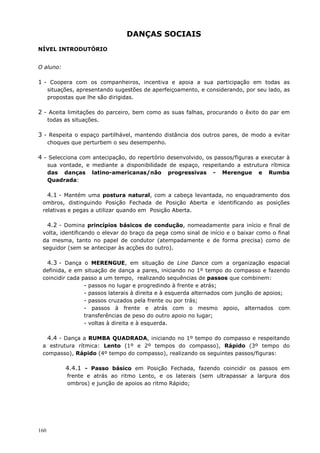 160
DANÇAS SOCIAIS
NÍVEL INTRODUTÓRIO
O aluno:
1 - Coopera com os companheiros, incentiva e apoia a sua participação em todas as
situações, apresentando sugestões de aperfeiçoamento, e considerando, por seu lado, as
propostas que lhe são dirigidas.
2 - Aceita limitações do parceiro, bem como as suas falhas, procurando o êxito do par em
todas as situações.
3 - Respeita o espaço partilhável, mantendo distância dos outros pares, de modo a evitar
choques que perturbem o seu desempenho.
4 - Selecciona com antecipação, do repertório desenvolvido, os passos/figuras a executar à
sua vontade, e mediante a disponibilidade de espaço, respeitando a estrutura rítmica
das danças latino-americanas/não progressivas - Merengue e Rumba
Quadrada:
4.1 - Mantém uma postura natural, com a cabeça levantada, no enquadramento dos
ombros, distinguindo Posição Fechada de Posição Aberta e identificando as posições
relativas e pegas a utilizar quando em Posição Aberta.
4.2 - Domina princípios básicos de condução, nomeadamente para início e final de
volta, identificando o elevar do braço da pega como sinal de início e o baixar como o final
da mesma, tanto no papel de condutor (atempadamente e de forma precisa) como de
seguidor (sem se antecipar às acções do outro).
4.3 - Dança o MERENGUE, em situação de Line Dance com a organização espacial
definida, e em situação de dança a pares, iniciando no 1º tempo do compasso e fazendo
coincidir cada passo a um tempo, realizando sequências de passos que combinem:
- passos no lugar e progredindo à frente e atrás;
- passos laterais à direita e à esquerda alternados com junção de apoios;
- passos cruzados pela frente ou por trás;
- passos à frente e atrás com o mesmo apoio, alternados com
transferências de peso do outro apoio no lugar;
- voltas à direita e à esquerda.
4.4 - Dança a RUMBA QUADRADA, iniciando no 1º tempo do compasso e respeitando
a estrutura rítmica: Lento (1º e 2º tempos do compasso), Rápido (3º tempo do
compasso), Rápido (4º tempo do compasso), realizando os seguintes passos/figuras:
4.4.1 - Passo básico em Posição Fechada, fazendo coincidir os passos em
frente e atrás ao ritmo Lento, e os laterais (sem ultrapassar a largura dos
ombros) e junção de apoios ao ritmo Rápido;
 
