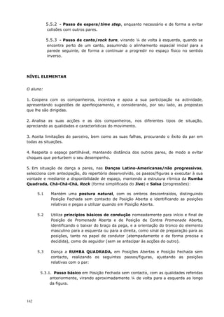 162
5.5.2 - Passo de espera/time step, enquanto necessário e de forma a evitar
colisões com outros pares.
5.5.3 - Passo de canto/rock turn, virando ¼ de volta à esquerda, quando se
encontra perto de um canto, assumindo o alinhamento espacial inicial para a
parede seguinte, de forma a continuar a progredir no espaço físico no sentido
inverso.
NÍVEL ELEMENTAR
O aluno:
1. Coopera com os companheiros, incentiva e apoia a sua participação na actividade,
apresentando sugestões de aperfeiçoamento, e considerando, por seu lado, as propostas
que lhe são dirigidas.
2. Analisa as suas acções e as dos companheiros, nos diferentes tipos de situação,
apreciando as qualidades e características do movimento.
3. Aceita limitações do parceiro, bem como as suas falhas, procurando o êxito do par em
todas as situações.
4. Respeita o espaço partilhável, mantendo distância dos outros pares, de modo a evitar
choques que perturbem o seu desempenho.
5. Em situação de dança a pares, nas Danças Latino-Americanas/não progressivas,
selecciona com antecipação, do repertório desenvolvido, os passos/figuras a executar à sua
vontade e mediante a disponibilidade de espaço, mantendo a estrutura rítmica da Rumba
Quadrada, Chá-Chá-Chá, Rock (forma simplificada do Jive) e Salsa (progressões):
5.1 Mantém uma postura natural, com os ombros descontraídos, distinguindo
Posição Fechada sem contacto de Posição Aberta e identificando as posições
relativas e pegas a utilizar quando em Posição Aberta.
5.2 Utiliza princípios básicos de condução nomeadamente para início e final de
Posição de Promenade Aberta e de Posição de Contra Promenade Aberta,
identificando o baixar do braço da pega, e a orientação do tronco do elemento
masculino para a esquerda ou para a direita, como sinal de preparação para as
posições, tanto no papel de condutor (atempadamente e de forma precisa e
decidida), como de seguidor (sem se antecipar às acções do outro).
5.3 Dança a RUMBA QUADRADA, em Posições Abertas e Posição Fechada sem
contacto, realizando os seguintes passos/figuras, ajustando as posições
relativas com o par:
5.3.1. Passo básico em Posição Fechada sem contacto, com as qualidades referidas
anteriormente, virando aproximadamente ¼ de volta para a esquerda ao longo
da figura.
 