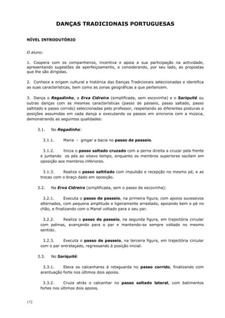 172
DANÇAS TRADICIONAIS PORTUGUESAS
NÍVEL INTRODUTÓRIO
O aluno:
1. Coopera com os companheiros, incentiva e apoia a sua participação na actividade,
apresentando sugestões de aperfeiçoamento, e considerando, por seu lado, as propostas
que lhe são dirigidas.
2. Conhece a origem cultural e histórica das Danças Tradicionais seleccionadas e identifica
as suas características, bem como as zonas geográficas a que pertencem.
3. Dança o Regadinho, a Erva Cidreira (simplificada, sem escovinha) e o Sariquité ou
outras danças com as mesmas características (passo de passeio, passo saltado, passo
saltitado e passo corrido) seleccionadas pelo professor, respeitando as diferentes posturas e
posições assumidas em cada dança e executando os passos em sincronia com a música,
demonstrando as seguintes qualidades:
3.1. No Regadinho:
3.1.1. Maria - gingar a bacia no passo de passeio.
3.1.2. Inicia o passo saltado cruzado com a perna direita a cruzar pela frente
e juntando os pés ao oitavo tempo, enquanto os membros superiores oscilam em
oposição aos membros inferiores.
3.1.3. Realiza o passo saltitado com impulsão e recepção no mesmo pé, e as
trocas com o braço dado em oposição.
3.2. Na Erva Cidreira (simplificada, sem o passo de escovinha):
3.2.1. Executa o passo de passeio, na primeira figura, com apoios sucessivos
alternados, com pequena amplitude e ligeiramente arrastado, apoiando bem o pé no
chão, e finalizando com o Manel voltado para o seu par.
3.2.2. Realiza o passo de passeio, na segunda figura, em trajectória circular
com palmas, avançando para o par e mantendo-se sempre voltado no mesmo
sentido.
3.2.3. Executa o passo de passeio, na terceira figura, em trajectória circular
com o par entrelaçado, regressando à posição inicial.
3.3. No Sariquité:
3.3.1. Eleva os calcanhares à retaguarda no passo corrido, finalizando com
acentuação forte nos últimos dois apoios.
3.3.2. Cruza atrás o calcanhar no passo saltado lateral, com batimentos
fortes nos últimos dois apoios.
 