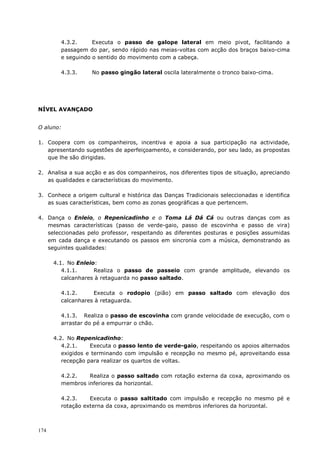 174
4.3.2. Executa o passo de galope lateral em meio pivot, facilitando a
passagem do par, sendo rápido nas meias-voltas com acção dos braços baixo-cima
e seguindo o sentido do movimento com a cabeça.
4.3.3. No passo gingão lateral oscila lateralmente o tronco baixo-cima.
NÍVEL AVANÇADO
O aluno:
1. Coopera com os companheiros, incentiva e apoia a sua participação na actividade,
apresentando sugestões de aperfeiçoamento, e considerando, por seu lado, as propostas
que lhe são dirigidas.
2. Analisa a sua acção e as dos companheiros, nos diferentes tipos de situação, apreciando
as qualidades e características do movimento.
3. Conhece a origem cultural e histórica das Danças Tradicionais seleccionadas e identifica
as suas características, bem como as zonas geográficas a que pertencem.
4. Dança o Enleio, o Repenicadinho e o Toma Lá Dá Cá ou outras danças com as
mesmas características (passo de verde-gaio, passo de escovinha e passo de vira)
seleccionadas pelo professor, respeitando as diferentes posturas e posições assumidas
em cada dança e executando os passos em sincronia com a música, demonstrando as
seguintes qualidades:
4.1. No Enleio:
4.1.1. Realiza o passo de passeio com grande amplitude, elevando os
calcanhares à retaguarda no passo saltado.
4.1.2. Executa o rodopio (pião) em passo saltado com elevação dos
calcanhares à retaguarda.
4.1.3. Realiza o passo de escovinha com grande velocidade de execução, com o
arrastar do pé a empurrar o chão.
4.2. No Repenicadinho:
4.2.1. Executa o passo lento de verde-gaio, respeitando os apoios alternados
exigidos e terminando com impulsão e recepção no mesmo pé, aproveitando essa
recepção para realizar os quartos de voltas.
4.2.2. Realiza o passo saltado com rotação externa da coxa, aproximando os
membros inferiores da horizontal.
4.2.3. Executa o passo saltitado com impulsão e recepção no mesmo pé e
rotação externa da coxa, aproximando os membros inferiores da horizontal.
 
