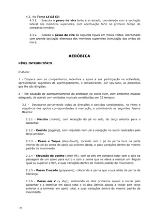 175
4.3. No Toma Lá Dá Cá:
4.3.1. Executa o passo de vira lento e arrastado, coordenado com a oscilação
lateral dos membros superiores, com acentuação forte no primeiro tempo do
compasso ternário.
4.3.2. Realiza o passo de vira da segunda figura em meias-voltas, coordenado
com grande oscilação alternada dos membros superiores (simulação das ondas do
mar).
AERÓBICA
NÍVEL INTRODUTÓRIO
O aluno:
1 - Coopera com os companheiros, incentiva e apoia a sua participação na actividade,
apresentando sugestões de aperfeiçoamento, e considerando, por seu lado, as propostas
que lhe são dirigidas.
2 – Em situação de acompanhamento do professor no estilo livre, com ambiente musical
adequado, de acordo com unidades musicais constituídas por 32 tempos:
2.1 - Desloca-se percorrendo todas as direcções e sentidos considerados, no ritmo e
sequência dos apoios correspondentes à marcação, e combinando os seguintes Passos
Básicos:
2.1.1 - Marcha (march), com recepção do pé no solo, do terço anterior para o
calcanhar.
2.1.2 - Corrida (jogging), com impulsão num pé e recepção no outro realizadas pelo
terço anterior.
2.1.3. - Passo e Toque (step-touch), tocando com o pé da perna livre na parte
interior do pé da perna de apoio ou próximo desta, e suas variações dentro do mesmo
padrão de movimento.
2.1.4 - Elevação do Joelho (knee lift), com os pés em contacto total com o solo na
passagem de um apoio para outro e com a perna que se eleva a realizar um ângulo
igual ou superior a 90º, e suas variações dentro do mesmo padrão de movimento.
2.1.5 - Passo Cruzado (grapevine), colocando a perna que cruza atrás da perna de
liderança.
2.1.6 - Passo em V (v step), realizando os dois primeiros apoios a iniciar pelo
calcanhar e a terminar em apoio total e os dois últimos apoios a iniciar pelo terço
anterior e a terminar em apoio total, e suas variações dentro do mesmo padrão de
movimento.
 
