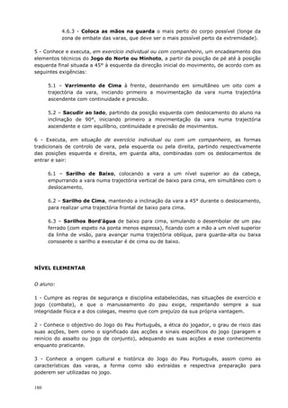 180
4.6.3 - Coloca as mãos na guarda o mais perto do corpo possível (longe da
zona de embate das varas, que deve ser o mais possível perto da extremidade).
5 - Conhece e executa, em exercício individual ou com companheiro, um encadeamento dos
elementos técnicos do Jogo do Norte ou Minhoto, a partir da posição de pé até à posição
esquerda final situada a 45° à esquerda da direcção inicial do movimento, de acordo com as
seguintes exigências:
5.1 – Varrimento de Cima à frente, desenhando em simultâneo um oito com a
trajectória da vara, iniciando primeiro a movimentação da vara numa trajectória
ascendente com continuidade e precisão.
5.2 – Sacudir ao lado, partindo da posição esquerda com deslocamento do aluno na
inclinação de 90°, iniciando primeiro a movimentação da vara numa trajectória
ascendente e com equilíbrio, continuidade e precisão de movimentos.
6 - Executa, em situação de exercício individual ou com um companheiro, as formas
tradicionais de controlo de vara, pela esquerda ou pela direita, partindo respectivamente
das posições esquerda e direita, em guarda alta, combinadas com os deslocamentos de
entrar e sair:
6.1 – Sarilho de Baixo, colocando a vara a um nível superior ao da cabeça,
empurrando a vara numa trajectória vertical de baixo para cima, em simultâneo com o
deslocamento.
6.2 – Sarilho de Cima, mantendo a inclinação da vara a 45° durante o deslocamento,
para realizar uma trajectória frontal de baixo para cima.
6.3 – Sarilhos Bord'água de baixo para cima, simulando o desembolar de um pau
ferrado (com espeto na ponta menos espessa), ficando com a mão a um nível superior
da linha de visão, para avançar numa trajectória oblíqua, para guarda-alta ou baixa
consoante o sarilho a executar é de cima ou de baixo.
NÍVEL ELEMENTAR
O aluno:
1 - Cumpre as regras de segurança e disciplina estabelecidas, nas situações de exercício e
jogo (combate), e que o manuseamento do pau exige, respeitando sempre a sua
integridade física e a dos colegas, mesmo que com prejuízo da sua própria vantagem.
2 - Conhece o objectivo do Jogo do Pau Português, a ética do jogador, o grau de risco das
suas acções, bem como o significado das acções e sinais específicos do jogo (paragem e
reinício do assalto ou jogo de conjunto), adequando as suas acções a esse conhecimento
enquanto praticante.
3 - Conhece a origem cultural e histórica do Jogo do Pau Português, assim como as
características das varas, a forma como são extraídas e respectiva preparação para
poderem ser utilizadas no jogo.
 