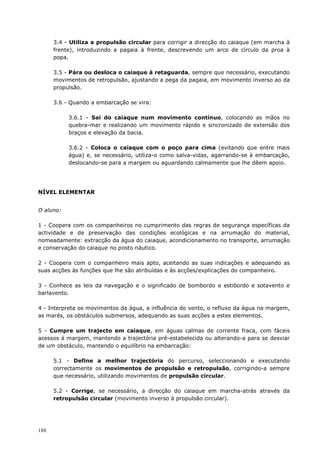188
3.4 - Utiliza a propulsão circular para corrigir a direcção do caiaque (em marcha à
frente), introduzindo a pagaia à frente, descrevendo um arco de círculo da proa à
popa.
3.5 - Pára ou desloca o caiaque à retaguarda, sempre que necessário, executando
movimentos de retropulsão, ajustando a pega da pagaia, em movimento inverso ao da
propulsão.
3.6 - Quando a embarcação se vira:
3.6.1 - Sai do caiaque num movimento contínuo, colocando as mãos no
quebra-mar e realizando um movimento rápido e sincronizado de extensão dos
braços e elevação da bacia.
3.6.2 - Coloca o caiaque com o poço para cima (evitando que entre mais
água) e, se necessário, utiliza-o como salva-vidas, agarrando-se à embarcação,
deslocando-se para a margem ou aguardando calmamente que lhe dêem apoio.
NÍVEL ELEMENTAR
O aluno:
1 - Coopera com os companheiros no cumprimento das regras de segurança específicas da
actividade e de preservação das condições ecológicas e na arrumação do material,
nomeadamente: extracção da água do caiaque, acondicionamento no transporte, arrumação
e conservação do caiaque no posto náutico.
2 - Coopera com o companheiro mais apto, aceitando as suas indicações e adequando as
suas acções às funções que lhe são atribuídas e às acções/explicações do companheiro.
3 - Conhece as leis da navegação e o significado de bombordo e estibordo e sotavento e
barlavento.
4 - Interpreta os movimentos da água, a influência do vento, o refluxo da água na margem,
as marés, os obstáculos submersos, adequando as suas acções a estes elementos.
5 - Cumpre um trajecto em caiaque, em águas calmas de corrente fraca, com fáceis
acessos à margem, mantendo a trajectória pré-estabelecida ou alterando-a para se desviar
de um obstáculo, mantendo o equilíbrio na embarcação:
5.1 - Define a melhor trajectória do percurso, seleccionando e executando
correctamente os movimentos de propulsão e retropulsão, corrigindo-a sempre
que necessário, utilizando movimentos de propulsão circular.
5.2 - Corrige, se necessário, a direcção do caiaque em marcha-atrás através da
retropulsão circular (movimento inverso à propulsão circular).
 