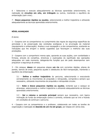 189
6 - Selecciona e executa adequadamente as técnicas aprendidas anteriormente, na
realização de circuitos em oito, em triângulo ou outros, mantendo o equilíbrio da
embarcação (sem virar).
7 - Desce pequenos rápidos ou açudes, seleccionando a melhor trajectória e utilizando
adequadamente as técnicas aprendidas anteriormente.
NÍVEL AVANÇADO
O aluno:
1 - Coopera com os companheiros no cumprimento das regras de segurança específicas da
actividade e de preservação das condições ecológicas e na arrumação do material
(equipamento e embarcação). Analisa a sua navegação e a dos companheiros, aceitando as
indicações que lhe dirigem e dando sugestões que favoreçam a melhoria das suas
prestações.
2 - Coopera com o companheiro menos apto, apoiando as suas acções, com cordialidade e
firmeza, através de conselhos, directivas e explicações do significado das operações
adequadas em cada momento, delegando-lhe funções que ele pode desempenhar sem
prejudicar a segurança de ambos.
3 - Em caiaque, desce em pequenas etapas um rio com correntes rápidas, pilares de
pontes, bancos de areia, pequenos açudes e obstáculos de fácil transposição, mantendo o
equilíbrio da embarcação:
3.1 - Define a melhor trajectória do percurso, seleccionando e executando
correctamente os movimentos de propulsão e retropulsão, corrigindo-a sempre que
necessário, utilizando movimentos de propulsão e retropulsão circular.
3.2 - Sobe e desce pequenos rápidos ou açudes, evitando que o caiaque se
atravesse, seleccionando a melhor trajectória e utilizando adequadamente as técnicas
aprendidas anteriormente.
3.3 - Sai e retoma a corrente principal sempre que necessário, com ligeira
inclinação do fundo da embarcação contra a corrente, evitando que se vire e ficando
em condições de continuar o percurso.
4 - Coopera com os companheiros e o professor, colaborando em todas as tarefas de
organização e realização de descida de um rio em grupo, por etapas em vários dias.
 