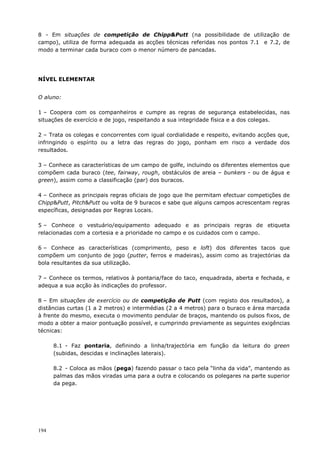 194
8 - Em situações de competição de Chipp&Putt (na possibilidade de utilização de
campo), utiliza de forma adequada as acções técnicas referidas nos pontos 7.1 e 7.2, de
modo a terminar cada buraco com o menor número de pancadas.
NÍVEL ELEMENTAR
O aluno:
1 – Coopera com os companheiros e cumpre as regras de segurança estabelecidas, nas
situações de exercício e de jogo, respeitando a sua integridade física e a dos colegas.
2 – Trata os colegas e concorrentes com igual cordialidade e respeito, evitando acções que,
infringindo o espírito ou a letra das regras do jogo, ponham em risco a verdade dos
resultados.
3 – Conhece as características de um campo de golfe, incluindo os diferentes elementos que
compõem cada buraco (tee, fairway, rough, obstáculos de areia – bunkers - ou de água e
green), assim como a classificação (par) dos buracos.
4 – Conhece as principais regras oficiais de jogo que lhe permitam efectuar competições de
Chipp&Putt, Pitch&Putt ou volta de 9 buracos e sabe que alguns campos acrescentam regras
específicas, designadas por Regras Locais.
5 – Conhece o vestuário/equipamento adequado e as principais regras de etiqueta
relacionadas com a cortesia e a prioridade no campo e os cuidados com o campo.
6 – Conhece as características (comprimento, peso e loft) dos diferentes tacos que
compõem um conjunto de jogo (putter, ferros e madeiras), assim como as trajectórias da
bola resultantes da sua utilização.
7 – Conhece os termos, relativos à pontaria/face do taco, enquadrada, aberta e fechada, e
adequa a sua acção às indicações do professor.
8 – Em situações de exercício ou de competição de Putt (com registo dos resultados), a
distâncias curtas (1 a 2 metros) e intermédias (2 a 4 metros) para o buraco e área marcada
à frente do mesmo, executa o movimento pendular de braços, mantendo os pulsos fixos, de
modo a obter a maior pontuação possível, e cumprindo previamente as seguintes exigências
técnicas:
8.1 - Faz pontaria, definindo a linha/trajectória em função da leitura do green
(subidas, descidas e inclinações laterais).
8.2 - Coloca as mãos (pega) fazendo passar o taco pela “linha da vida”, mantendo as
palmas das mãos viradas uma para a outra e colocando os polegares na parte superior
da pega.
 